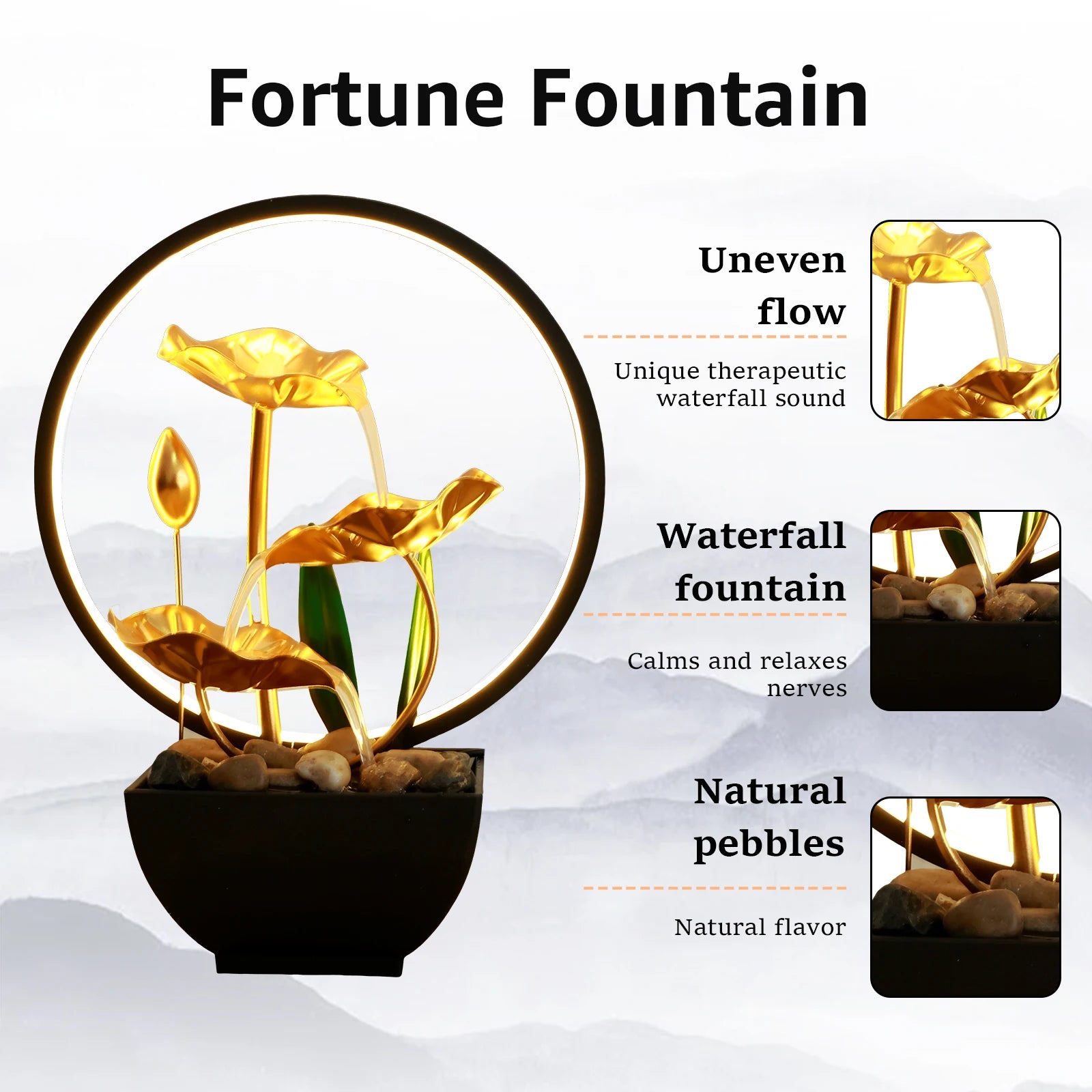 Zen Tabletop Water Fountain – USB Powered Indoor Waterfall with LED Light & Natural Rocks