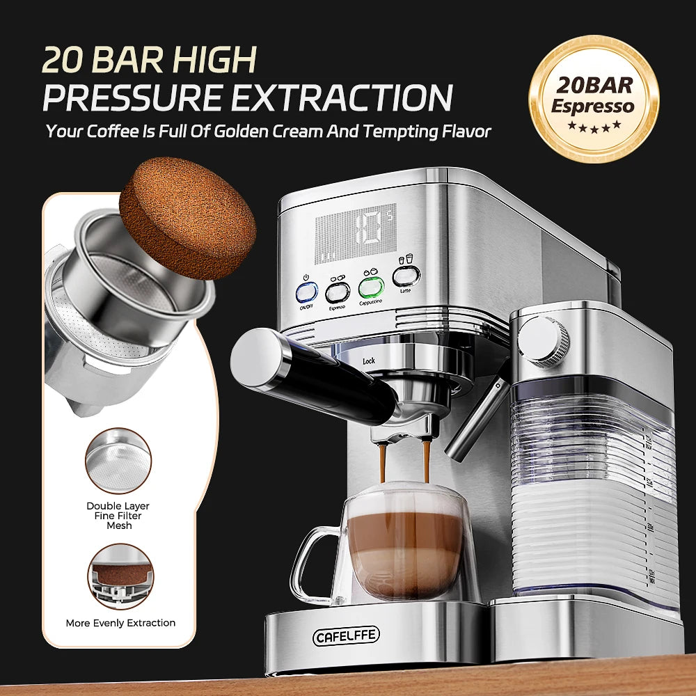 Caffel Pro Espresso Maker – Automatic Mill, Froth & Ground Coffee, 20 Bar Cappuccino Machine