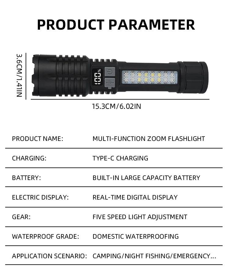 LED Tactical Flashlight – Rechargeable, Waterproof, Smart Display