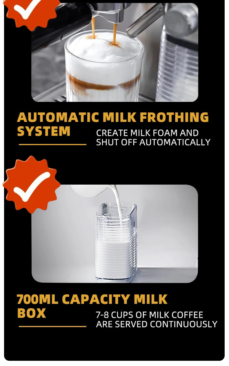 Caffel Pro Espresso Maker – Automatic Mill, Froth & Ground Coffee, 20 Bar Cappuccino Machine