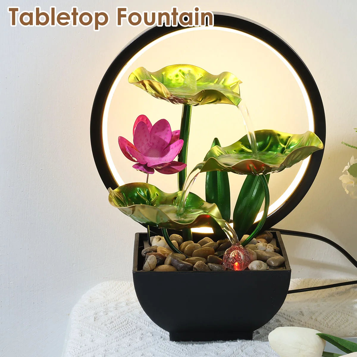 Zen Tabletop Water Fountain – USB Powered Indoor Waterfall with LED Light & Natural Rocks