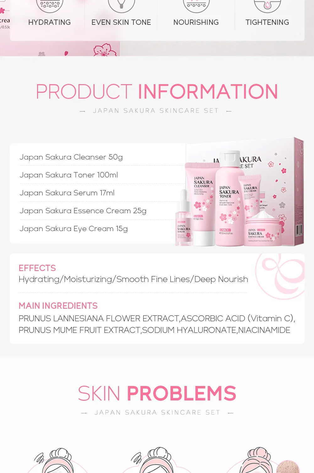Korean Sakura Skincare Set – 5-Piece Hydration & Anti-Aging Kit by LAIKOU