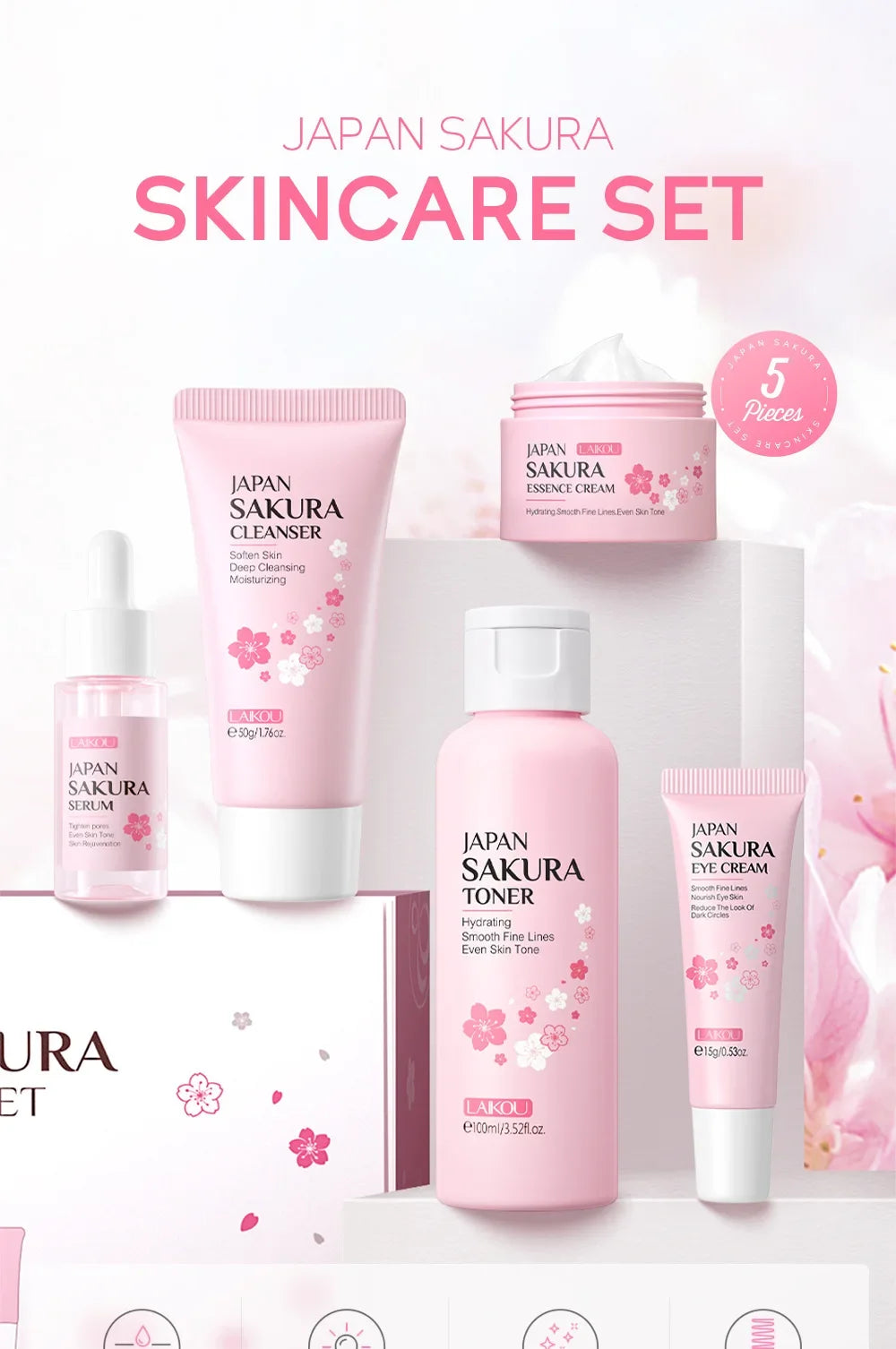 Korean Sakura Skincare Set – 5-Piece Hydration & Anti-Aging Kit by LAIKOU