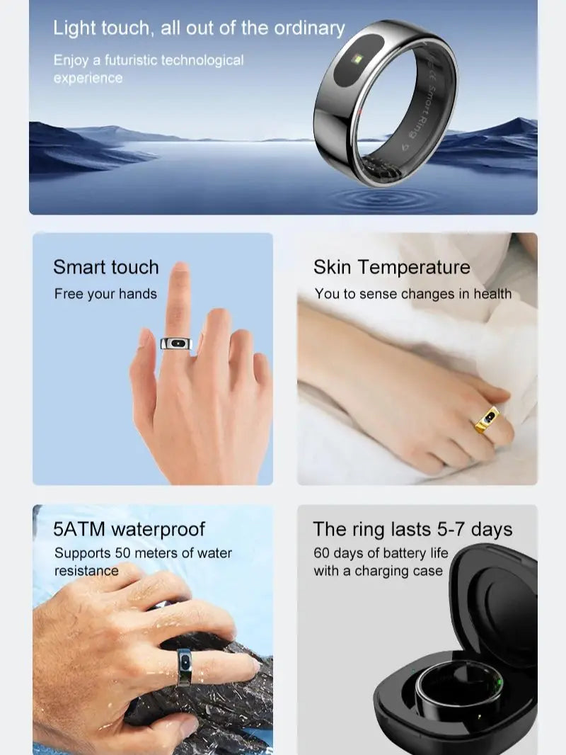 R08 Smart Ring – Touch Control, Health Monitor & Waterproof IP68, Skin Temp Tracker