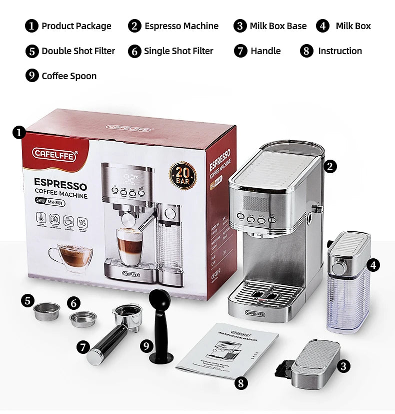Caffel Pro Espresso Maker – Automatic Mill, Froth & Ground Coffee, 20 Bar Cappuccino Machine