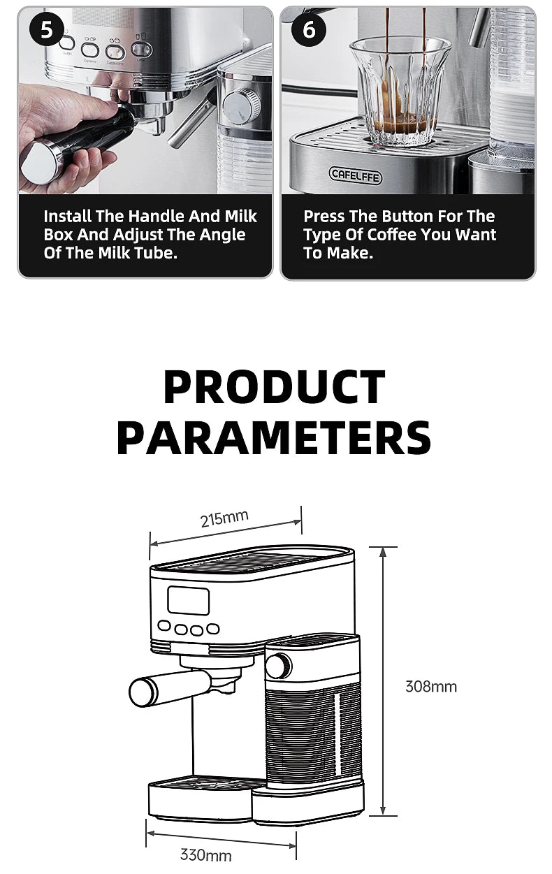 Caffel Pro Espresso Maker – Automatic Mill, Froth & Ground Coffee, 20 Bar Cappuccino Machine