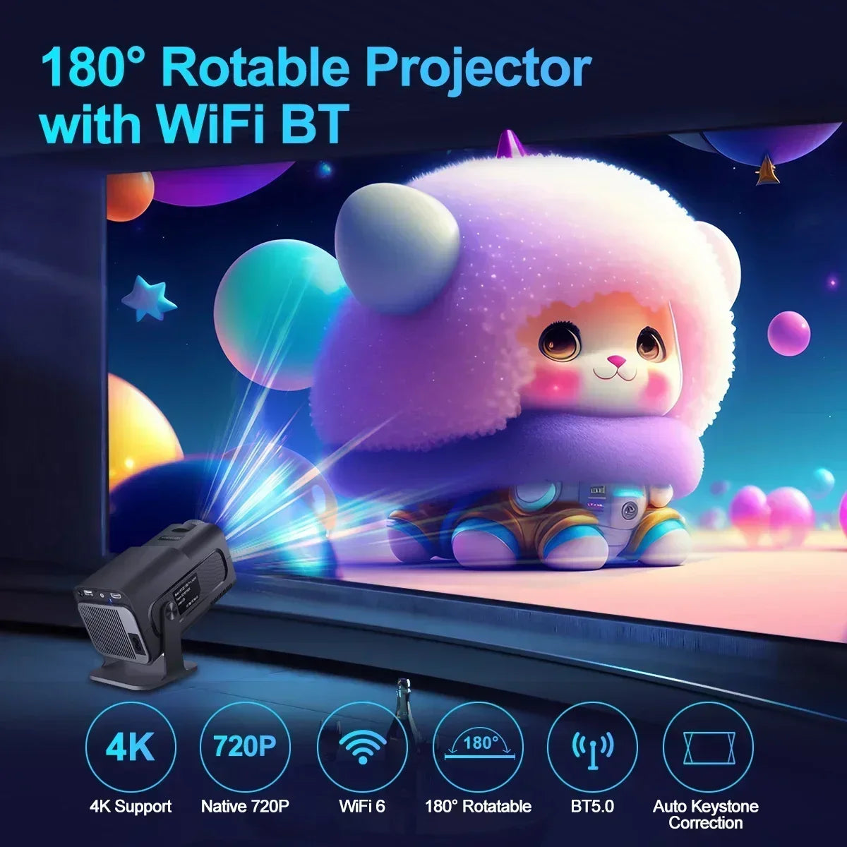 HY-320 720p Mini Android 11 Portable Projector – 300 ANSI Lumens, 4K Support, 180° Rotatable, Outdoor & Home Cinema