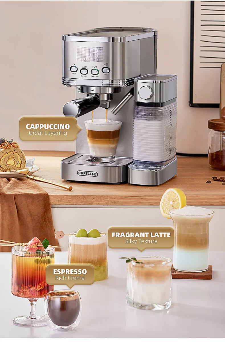 Caffel Pro Espresso Maker – Automatic Mill, Froth & Ground Coffee, 20 Bar Cappuccino Machine