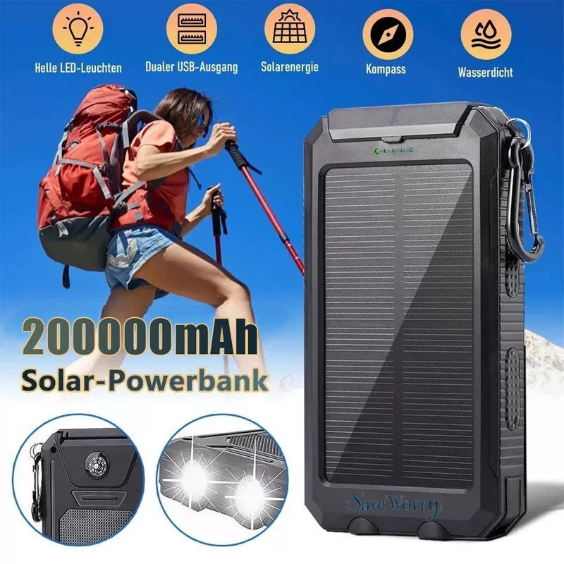 Ultra High-Capacity 200,000mAh Solar Power Bank – Dual USB, Waterproof, Built for the Wild