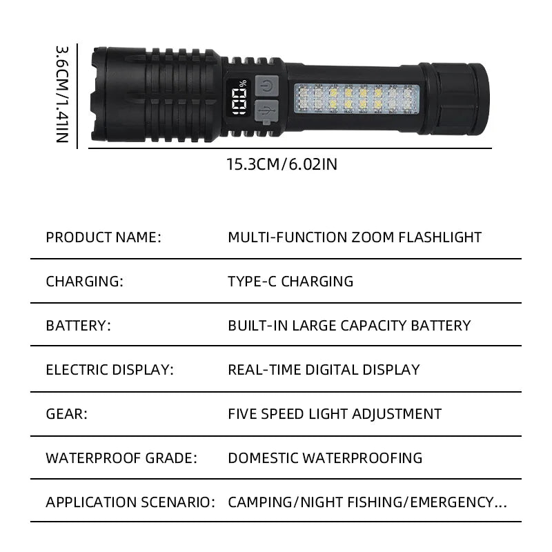 LED Tactical Flashlight – Rechargeable, Waterproof, Smart Display