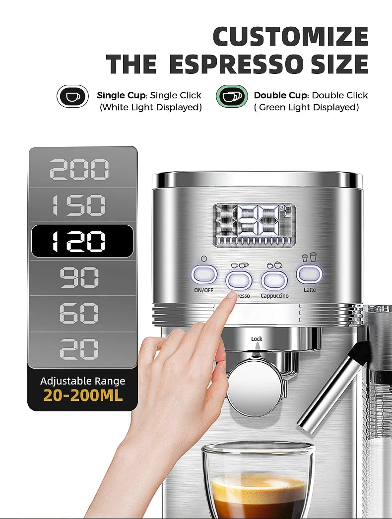 Caffel Pro Espresso Maker – Automatic Mill, Froth & Ground Coffee, 20 Bar Cappuccino Machine
