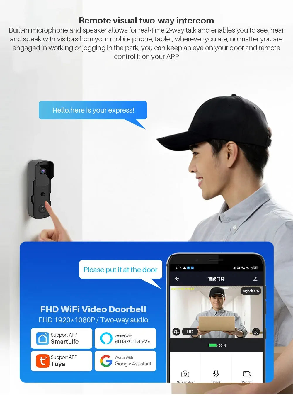 Smart 1080p Wi-Fi Video Doorbell – Two-Way Audio, Alexa Compatible, Wireless IP Home Intercom