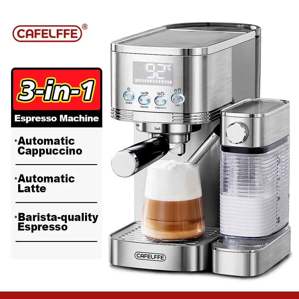 Caffel Pro Espresso Maker – Automatic Mill, Froth & Ground Coffee, 20 Bar Cappuccino Machine