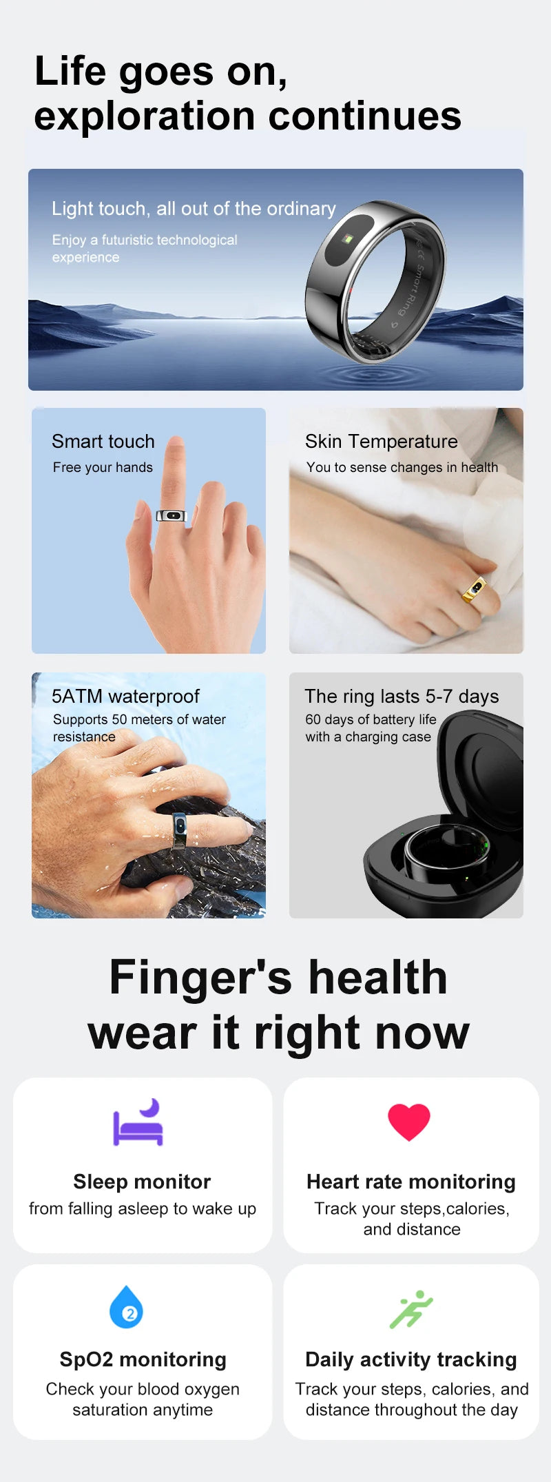 R08 Smart Ring – Touch Control, Health Monitor & Waterproof IP68, Skin Temp Tracker