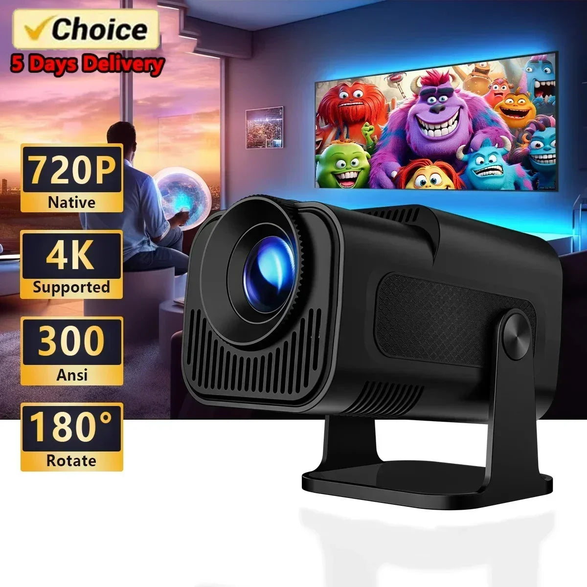HY-320 720p Mini Android 11 Portable Projector – 300 ANSI Lumens, 4K Support, 180° Rotatable, Outdoor & Home Cinema
