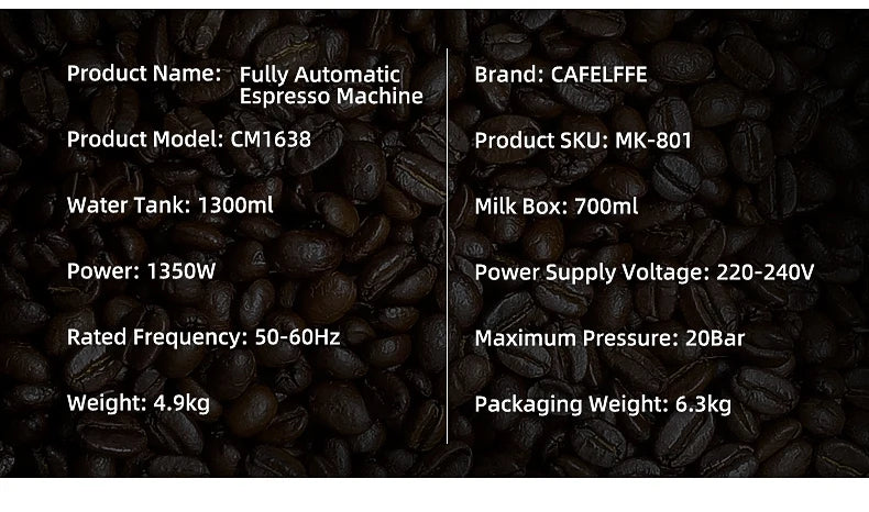 Caffel Pro Espresso Maker – Automatic Mill, Froth & Ground Coffee, 20 Bar Cappuccino Machine