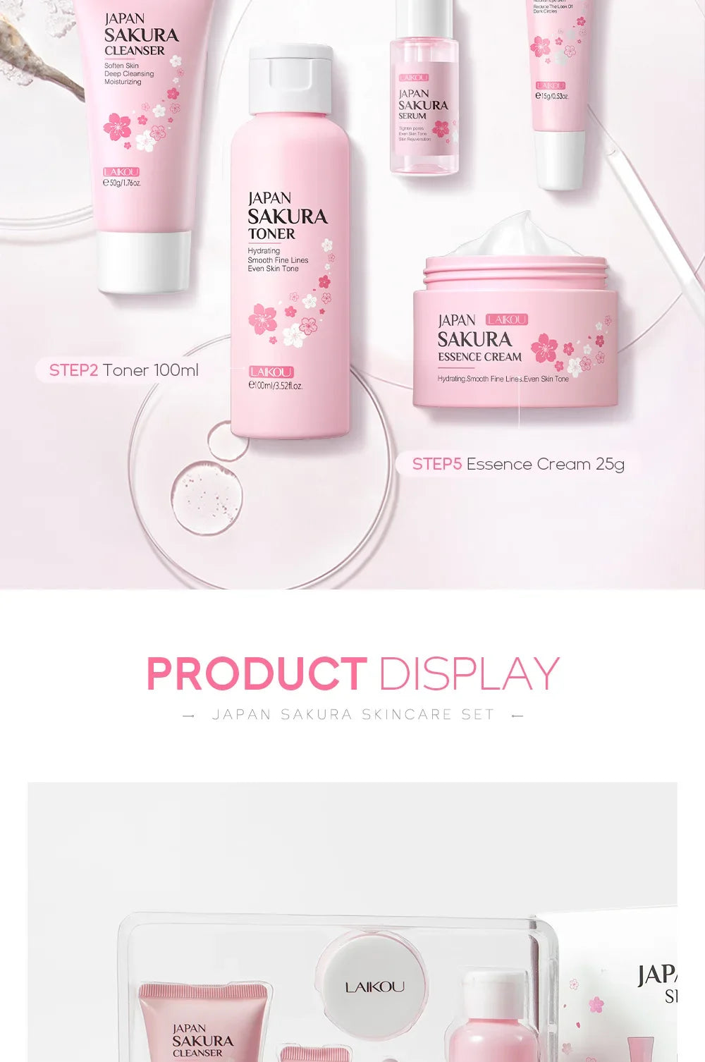 Korean Sakura Skincare Set – 5-Piece Hydration & Anti-Aging Kit by LAIKOU