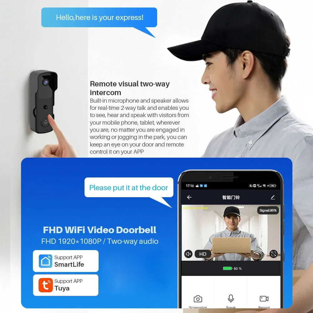 Smart 1080p Wi-Fi Video Doorbell – Two-Way Audio, Alexa Compatible, Wireless IP Home Intercom