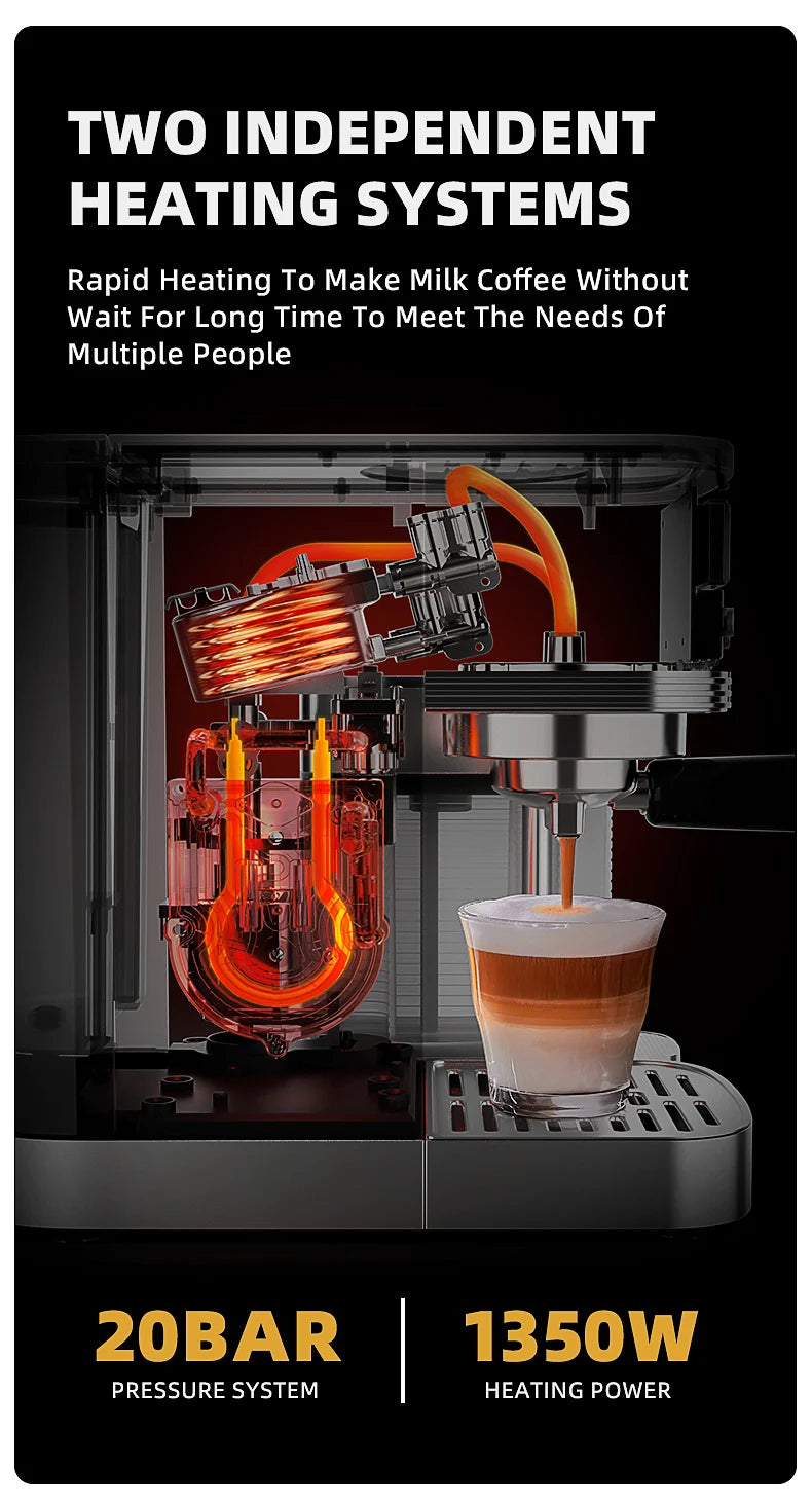 Caffel Pro Espresso Maker – Automatic Mill, Froth & Ground Coffee, 20 Bar Cappuccino Machine