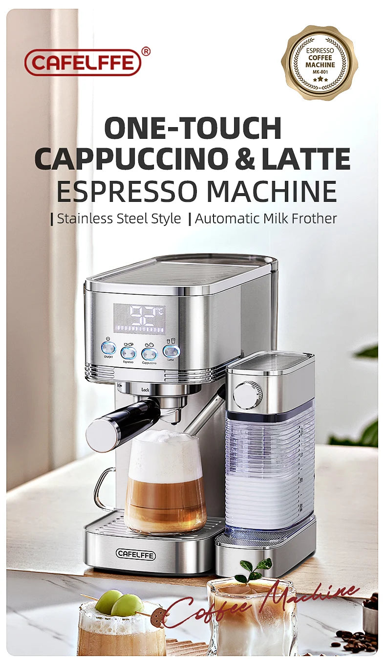 Caffel Pro Espresso Maker – Automatic Mill, Froth & Ground Coffee, 20 Bar Cappuccino Machine