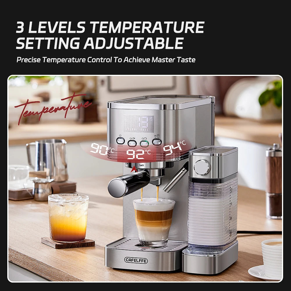 Caffel Pro Espresso Maker – Automatic Mill, Froth & Ground Coffee, 20 Bar Cappuccino Machine