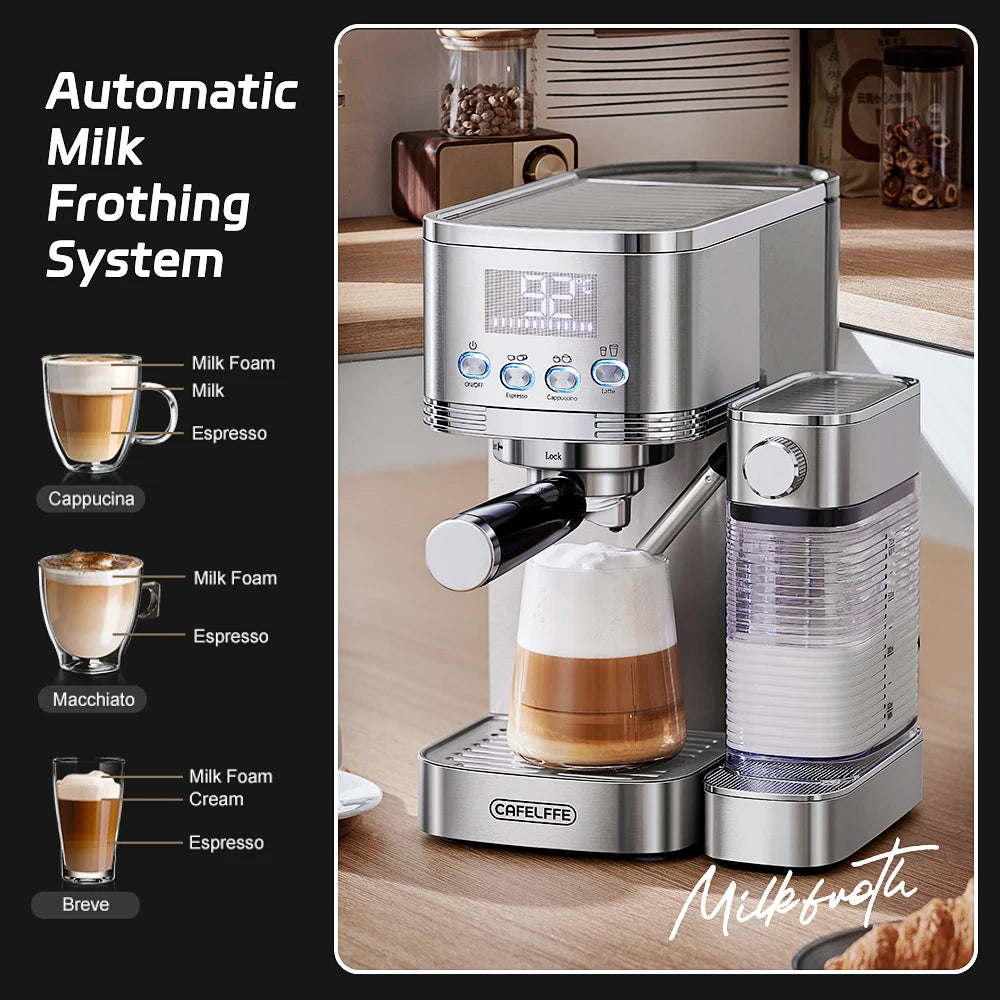 Caffel Pro Espresso Maker – Automatic Mill, Froth & Ground Coffee, 20 Bar Cappuccino Machine