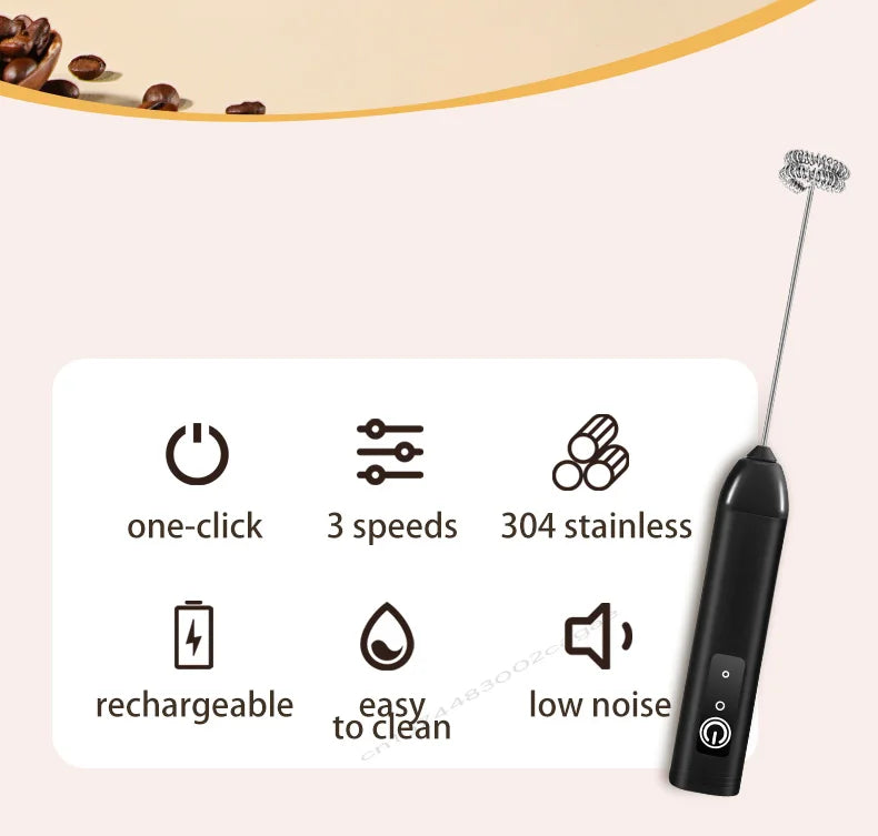 Electric USB Milk Frother – 3-Speed Rechargeable Coffee Foam Maker & Mixer Wand