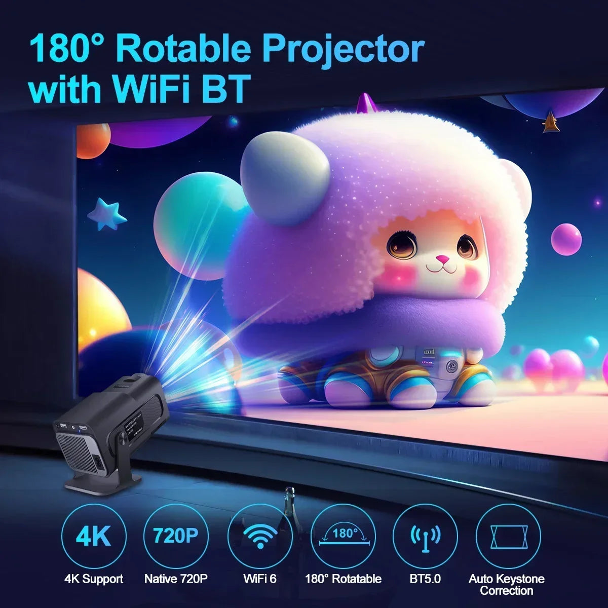 HY-320 720p Mini Android 11 Portable Projector – 300 ANSI Lumens, 4K Support, 180° Rotatable, Outdoor & Home Cinema