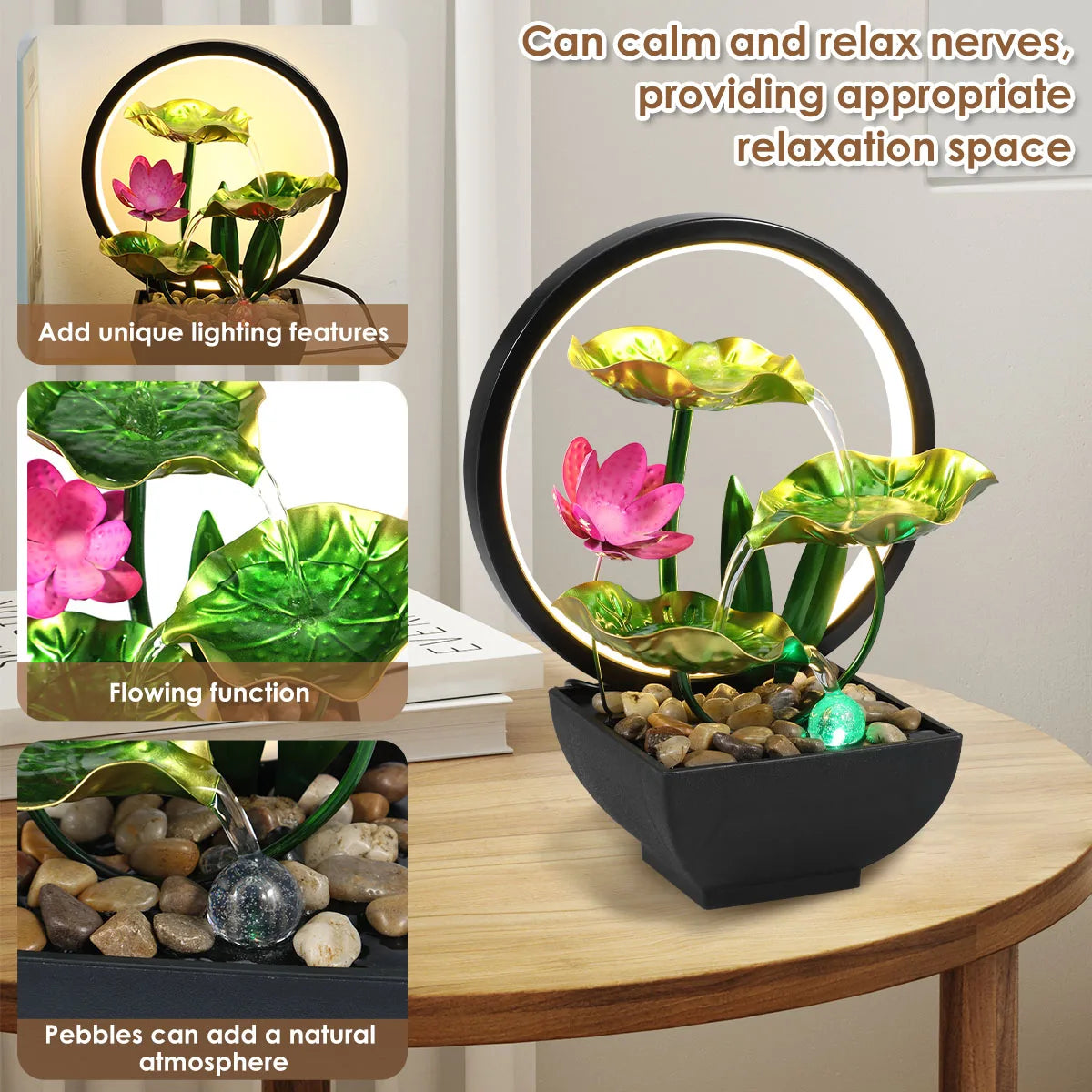 Zen Tabletop Water Fountain – USB Powered Indoor Waterfall with LED Light & Natural Rocks