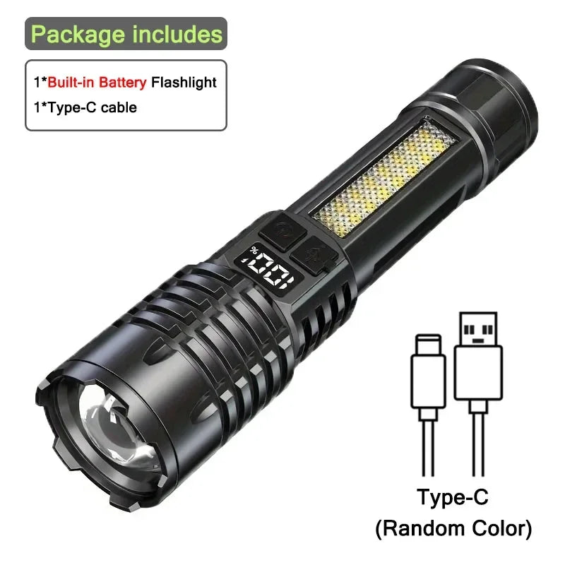 LED Tactical Flashlight – Rechargeable, Waterproof, Smart Display