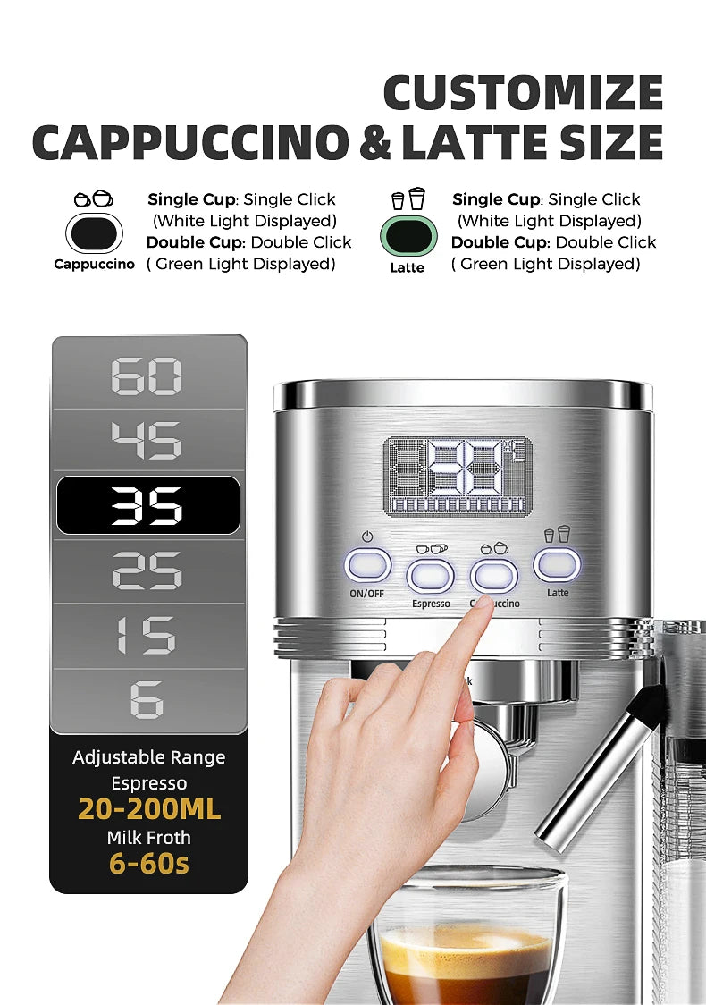 Caffel Pro Espresso Maker – Automatic Mill, Froth & Ground Coffee, 20 Bar Cappuccino Machine